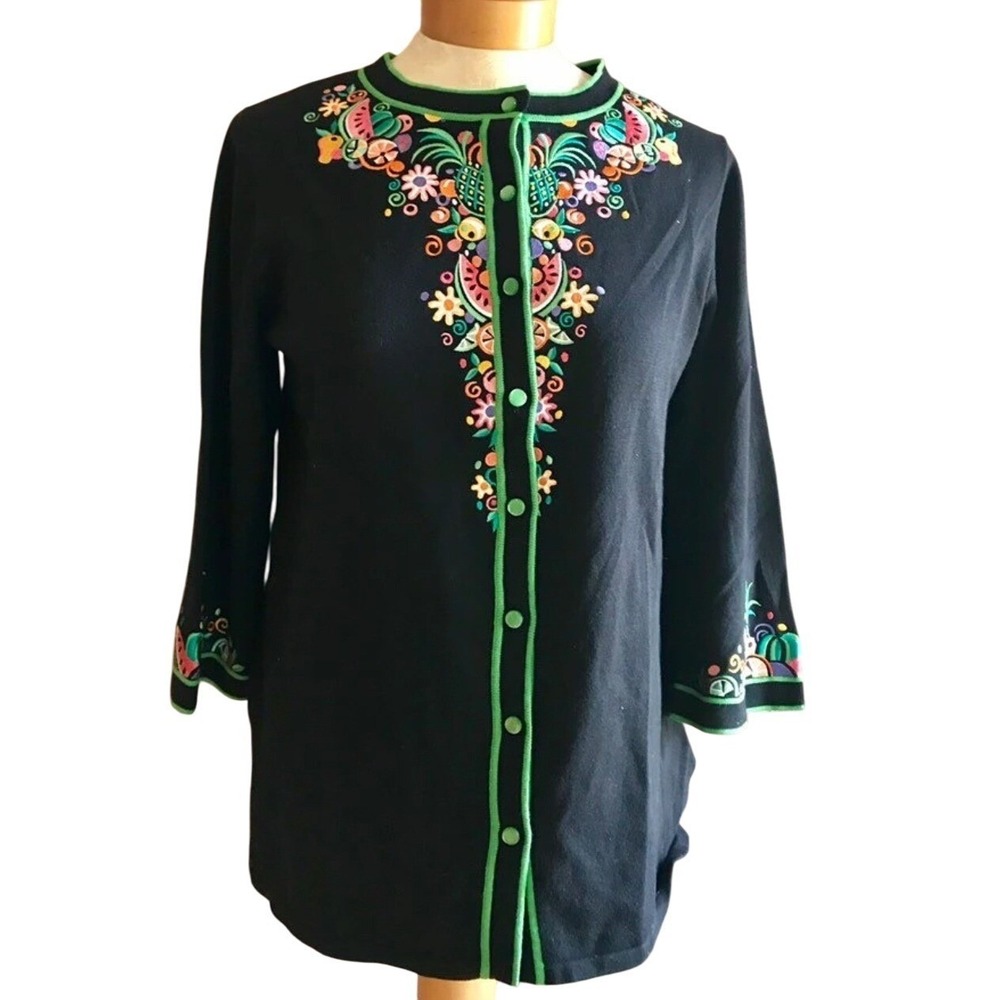 Bob Mackie Cardigan Womens Large Black Tropical Fruit Embroidered Button Front